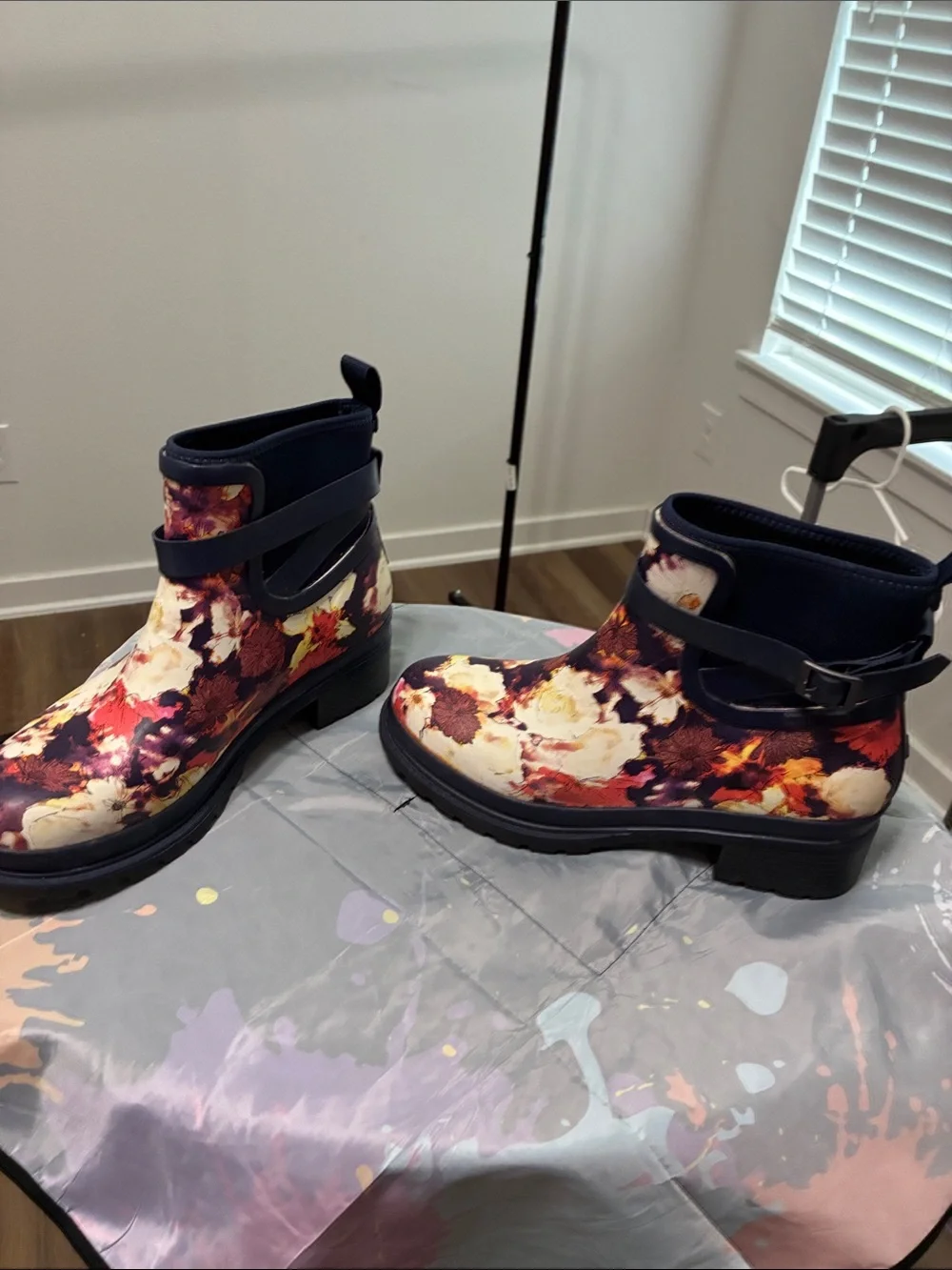 Floral Waterproof Ankle Rain Boots in Navy and Cream